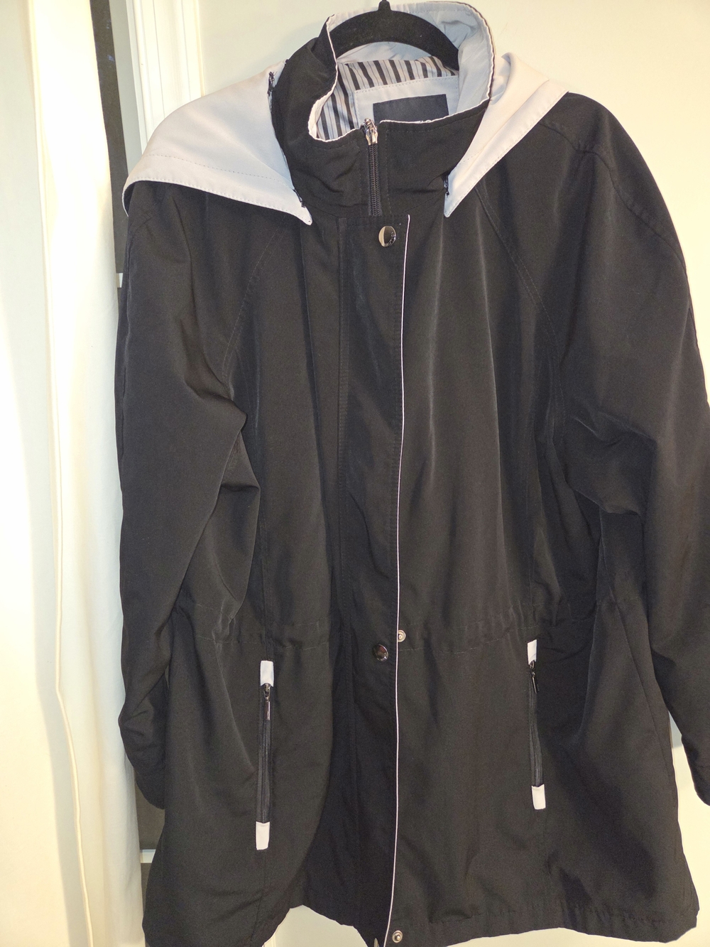 Nautica Black Trench Coat with Light Gray Hood Accent